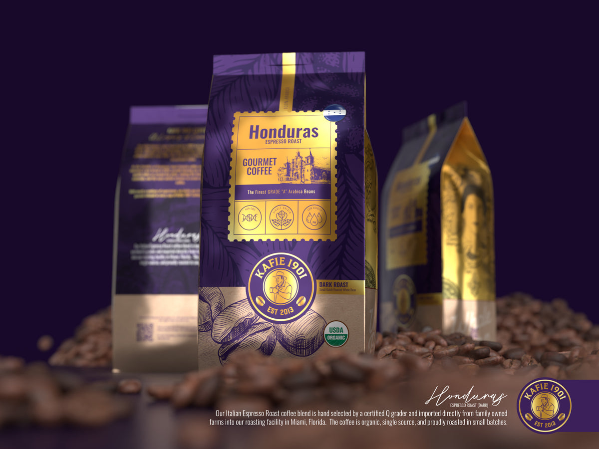 Kafie 1901 organic espresso roast coffee bag displayed with dark roasted whole beans