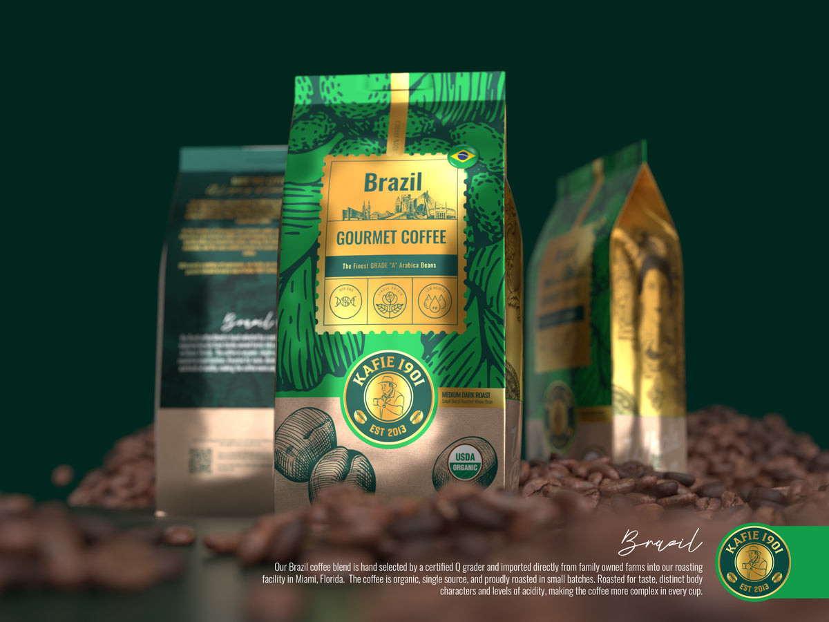 Kafie 1901 Brazil single origin organic coffee bag displayed with roasted whole beans