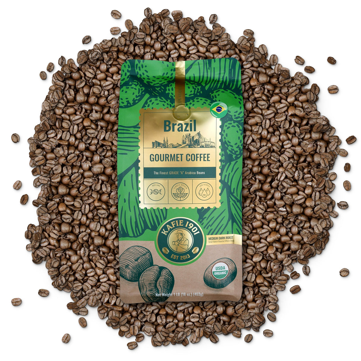 Kafie 1901 Brazil Cerrado organic whole bean coffee, 1 lb bag on a pile of roasted coffee beans
