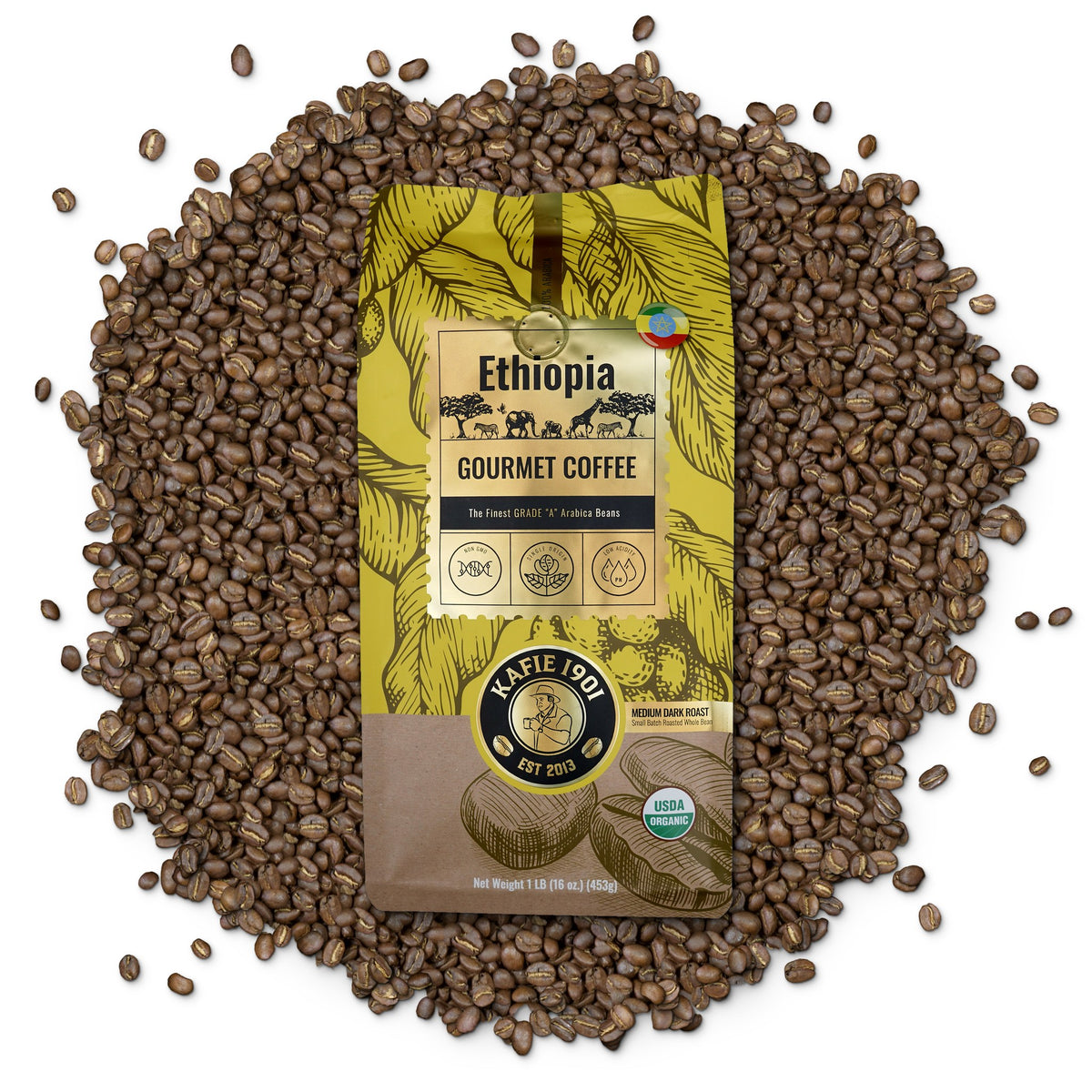 Kafie 1901 Ethiopia Sidamo organic whole bean coffee, 1 lb bag on a pile of roasted coffee beans