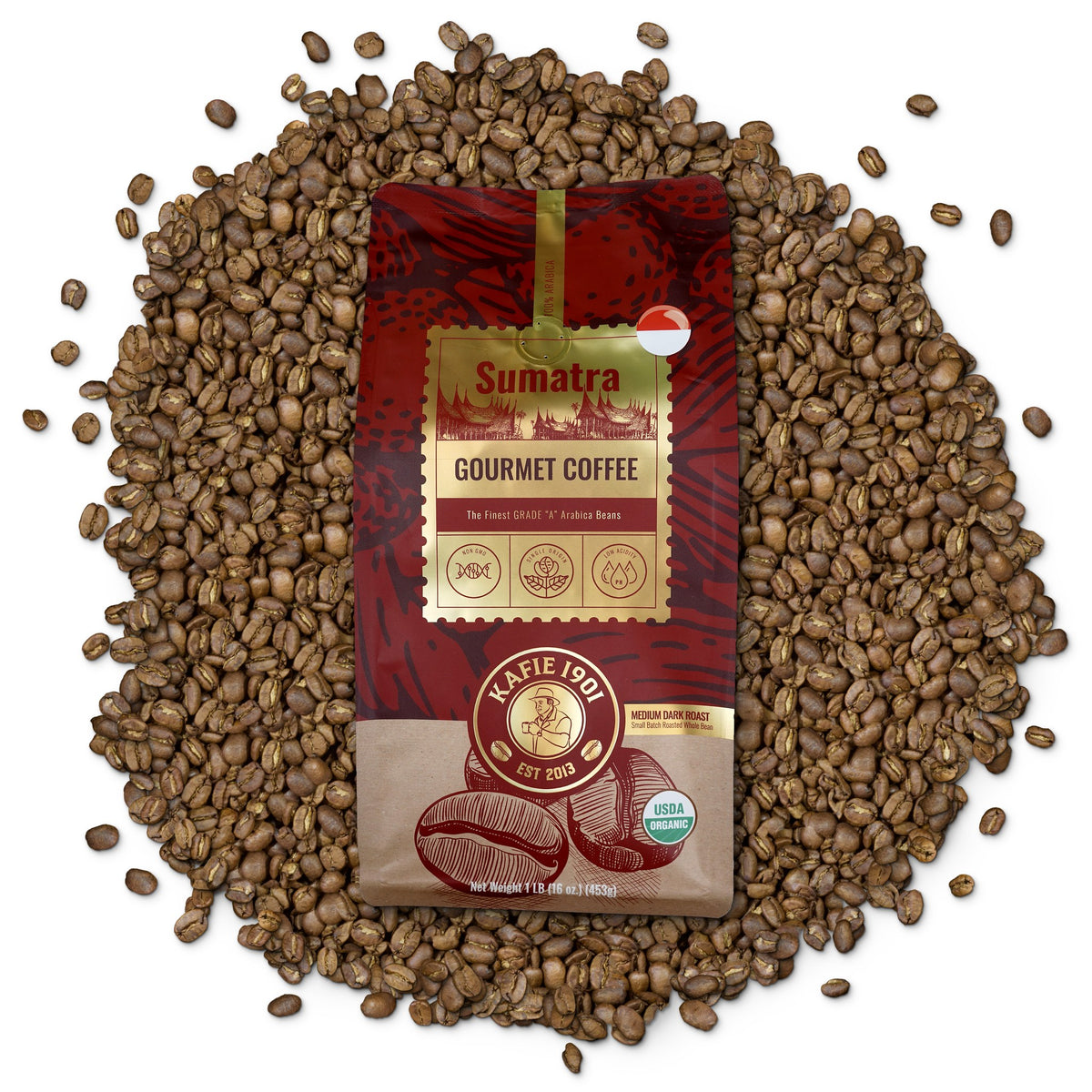 Kafie 1901 Sumatra Mandheling organic whole bean coffee, 1 lb bag on a pile of roasted coffee beans