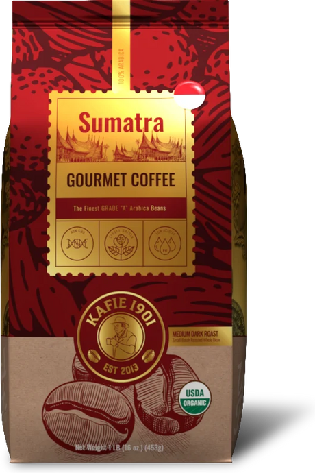 Organic Sumatra Mandheling whole bean coffee, 1 lb bag, medium roast low acid by Kafie 1901