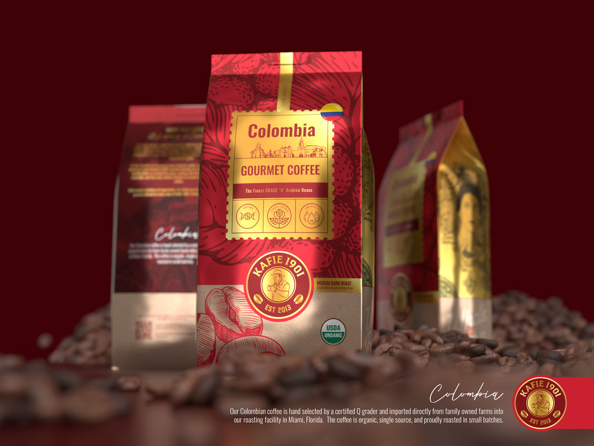 Kafie 1901 Colombia single origin organic coffee bag displayed with roasted whole beans