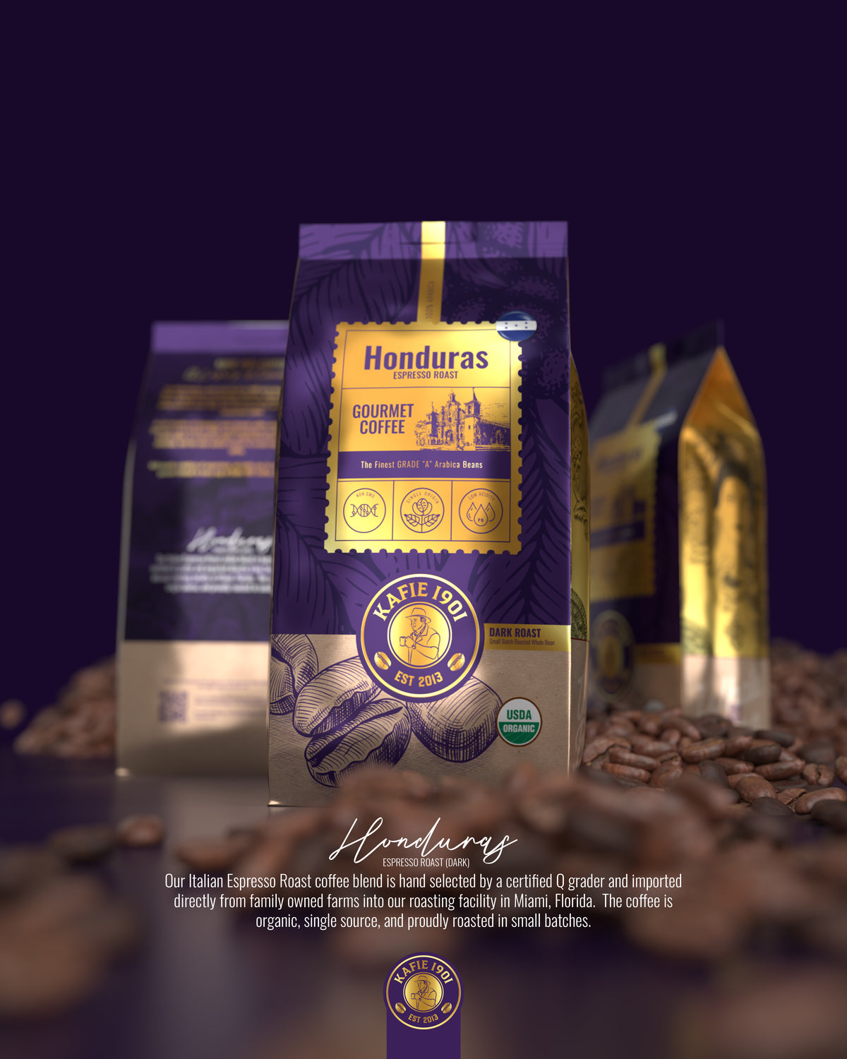 Kafie 1901 Honduras espresso gourmet coffee bag, USDA Organic 100% Arabica whole bean