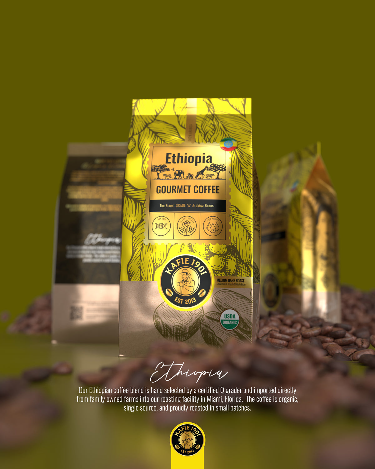 Kafie 1901 Ethiopia Sidamo gourmet coffee bag, USDA Organic 100% Arabica whole bean