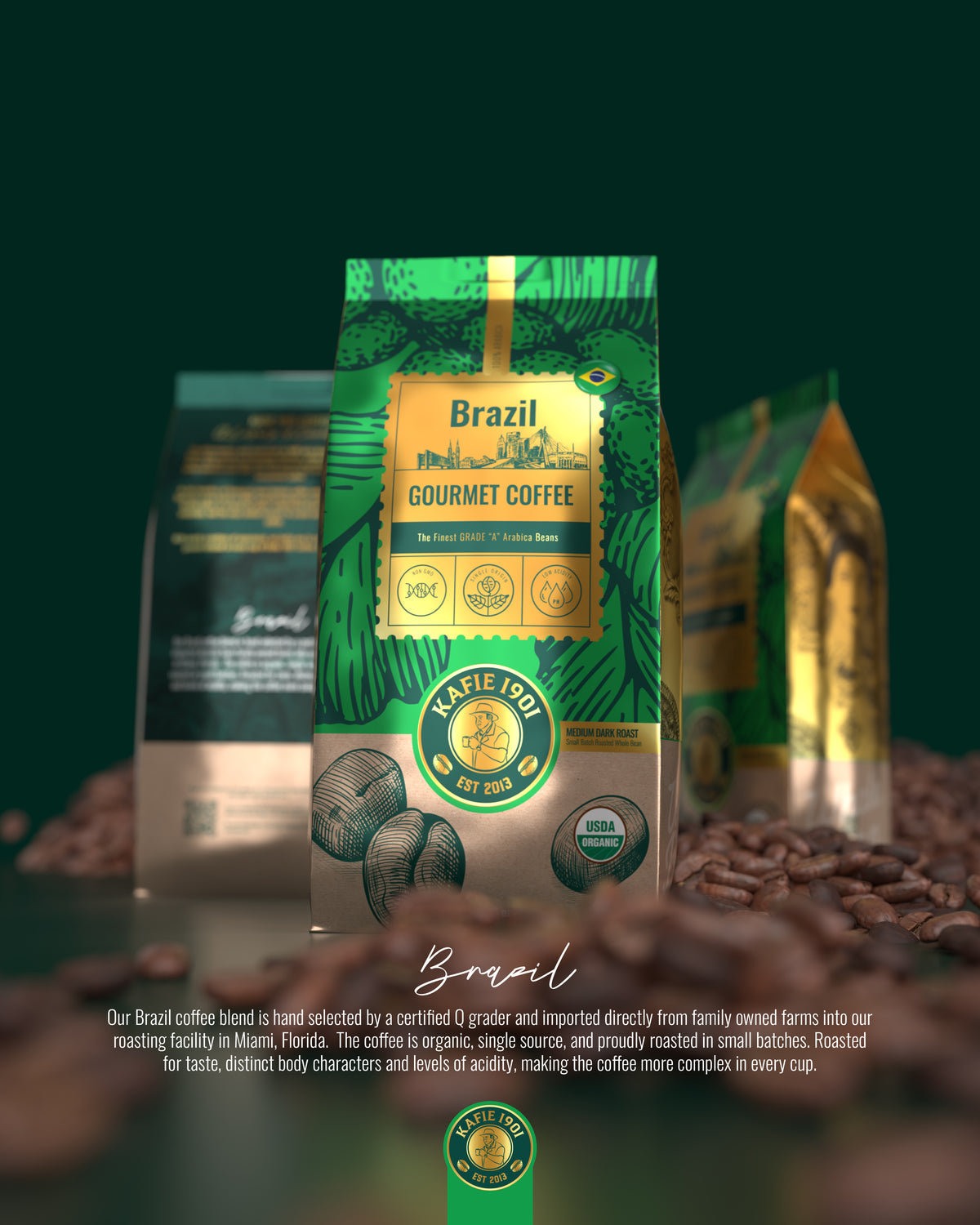 Kafie 1901 Brazil Cerrado gourmet coffee bag, USDA Organic 100% Arabica whole bean