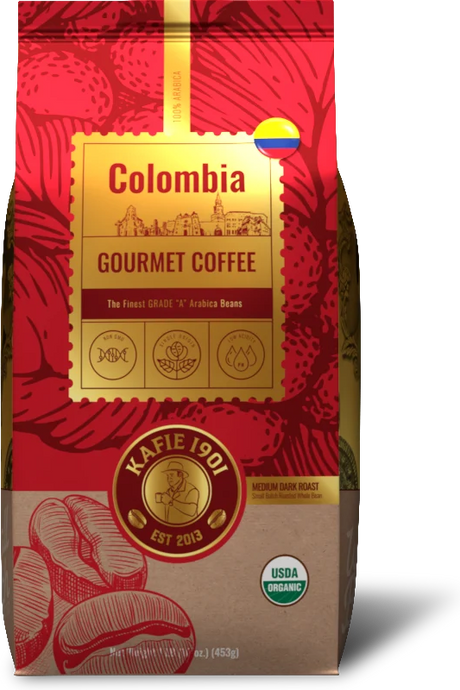 Organic Colombia Supremo whole bean coffee, 1 lb bag, medium dark roast by Kafie 1901