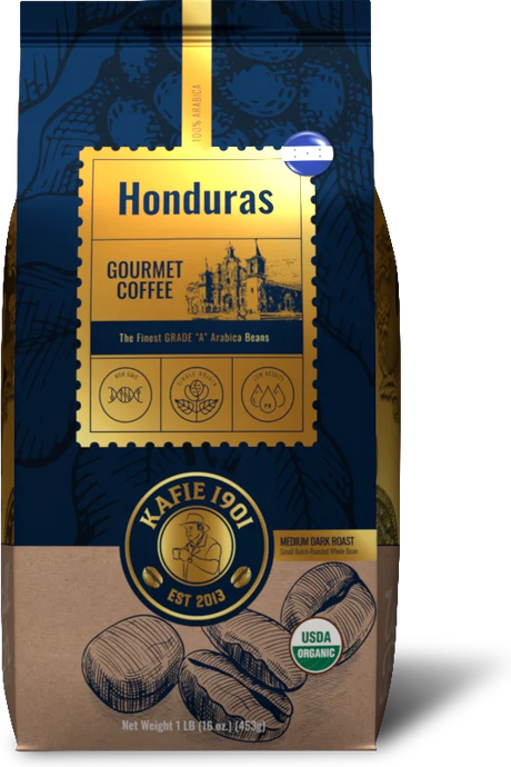 Organic Honduras Marcala whole bean coffee, 1 lb bag, medium dark roast by Kafie 1901